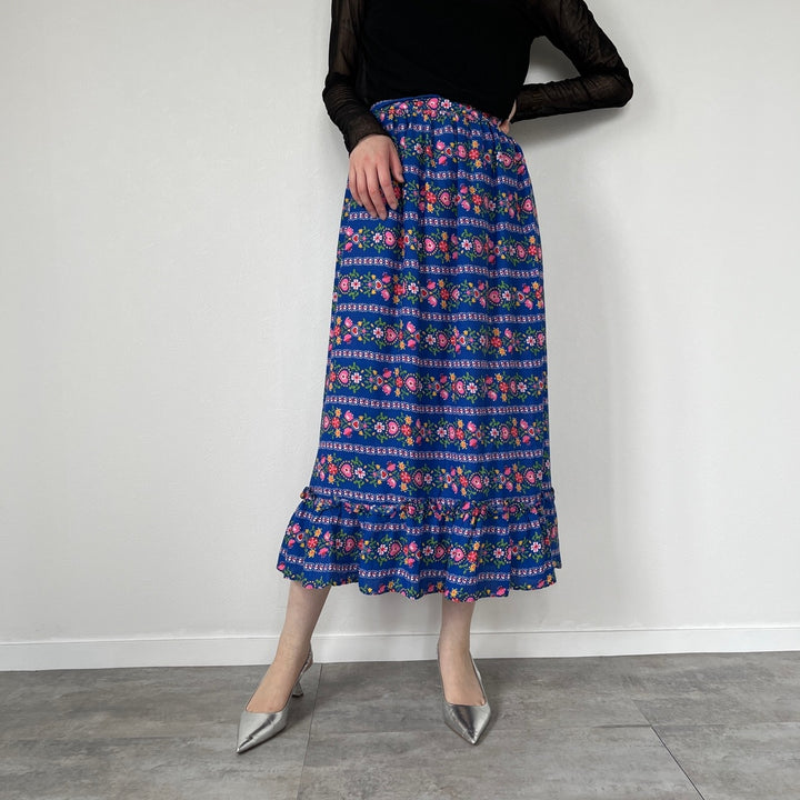 70'S UNKNOWN Floral Ruffled Long Gathered Skirt Women's M (w26) Vintage /evb004563