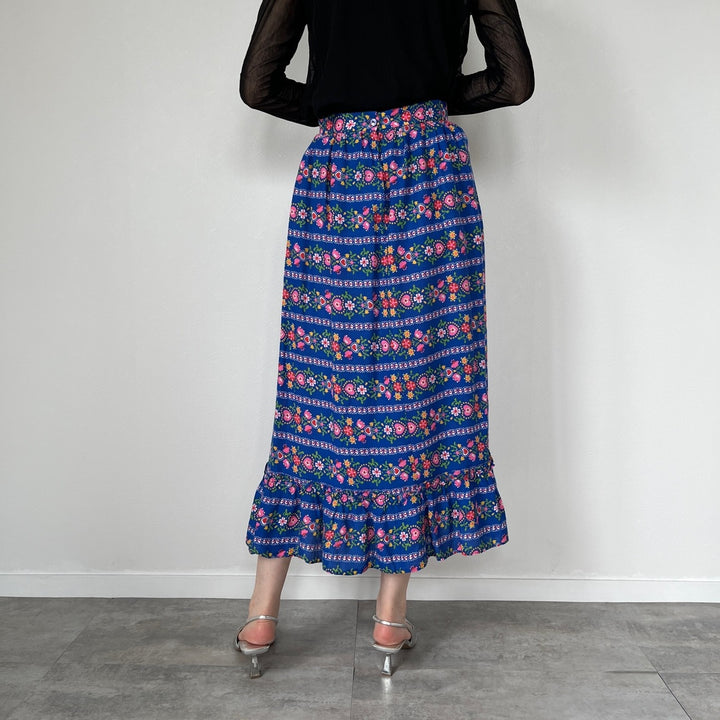 70'S UNKNOWN Floral Ruffled Long Gathered Skirt Women's M (w26) Vintage /evb004563