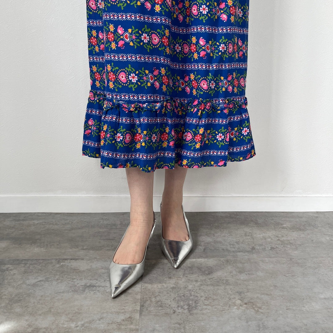 70'S UNKNOWN Floral Ruffled Long Gathered Skirt Women's M (w26) Vintage /evb004563