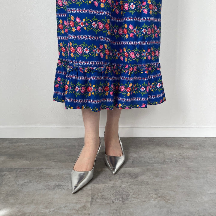 70'S UNKNOWN Floral Ruffled Long Gathered Skirt Women's M (w26) Vintage /evb004563