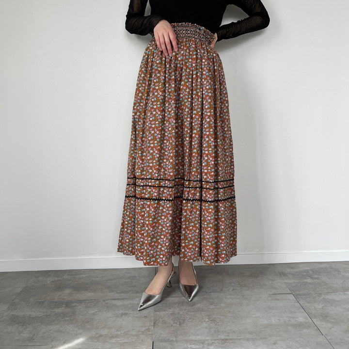 70'S JANE MARTIN floral print maxi length gathered skirt women's L (w27) vintage /evb004564