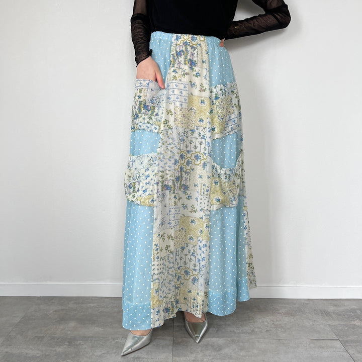 70'S CHESSA DAVIS all-over patchwork cotton maxi-length flared skirt made in USA women's XXL vintage /evb004567