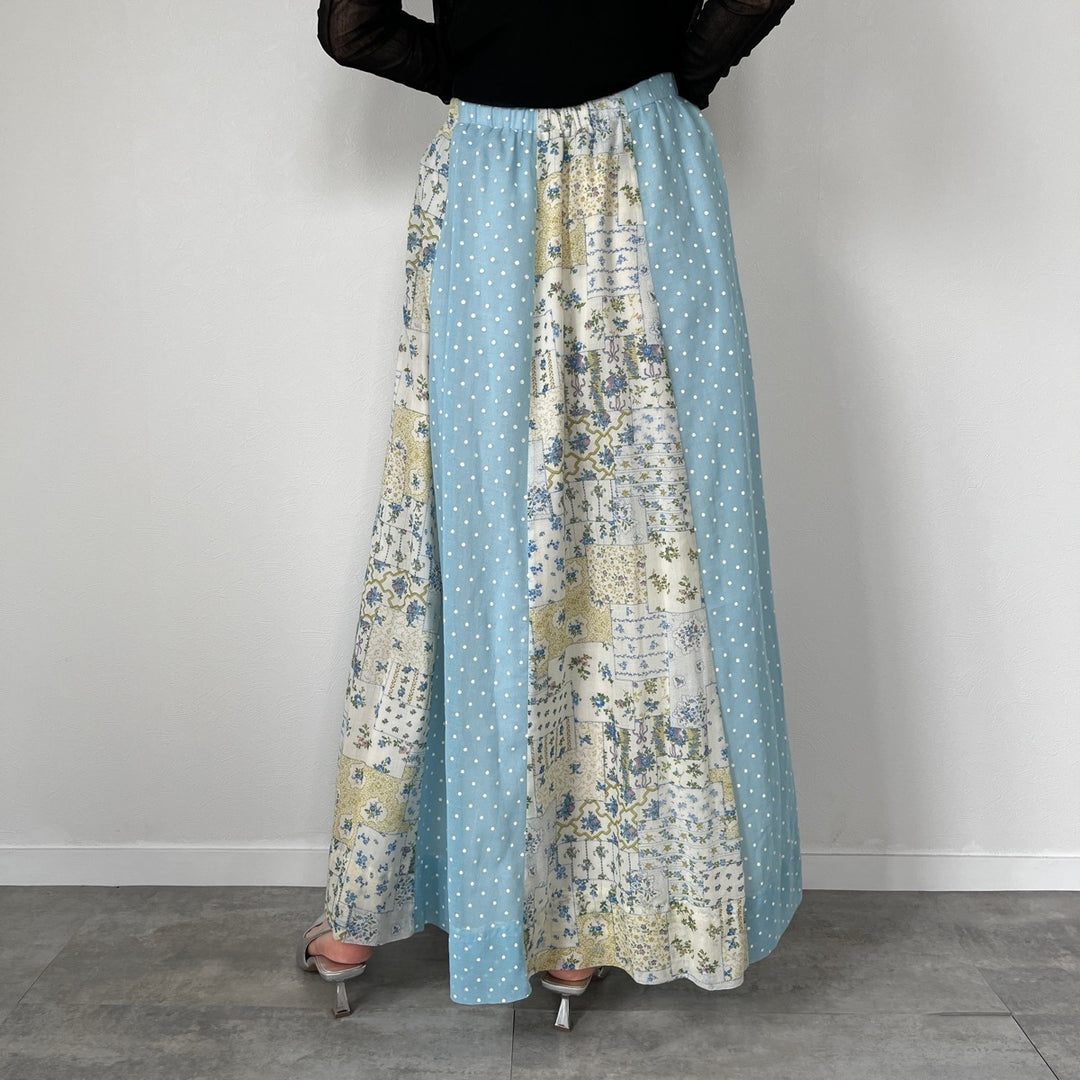 70'S CHESSA DAVIS all-over patchwork cotton maxi-length flared skirt made in USA women's XXL vintage /evb004567