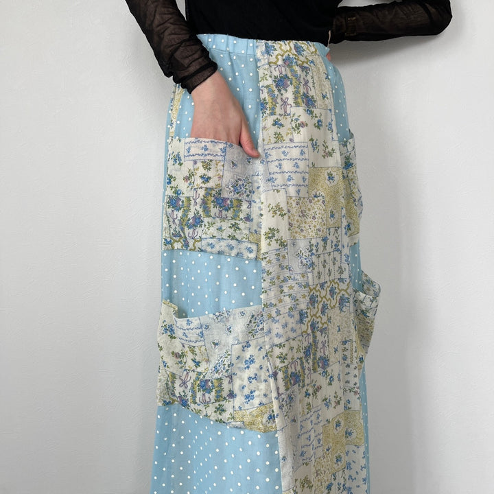 70'S CHESSA DAVIS all-over patchwork cotton maxi-length flared skirt made in USA women's XXL vintage /evb004567