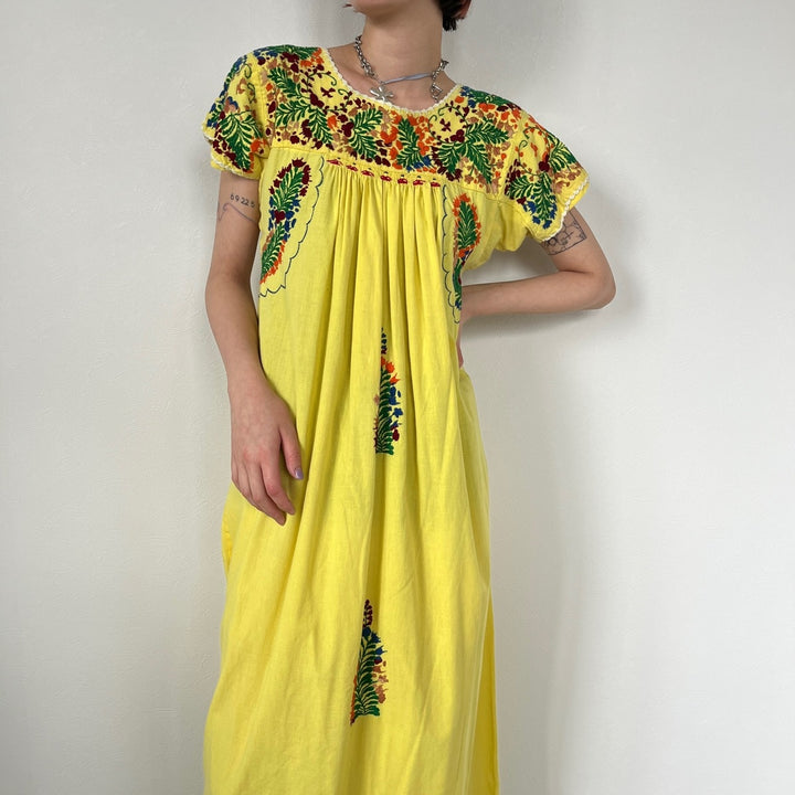 70'S San Antonino embroidery maxi length short sleeve dress women's XL vintage /evb005099