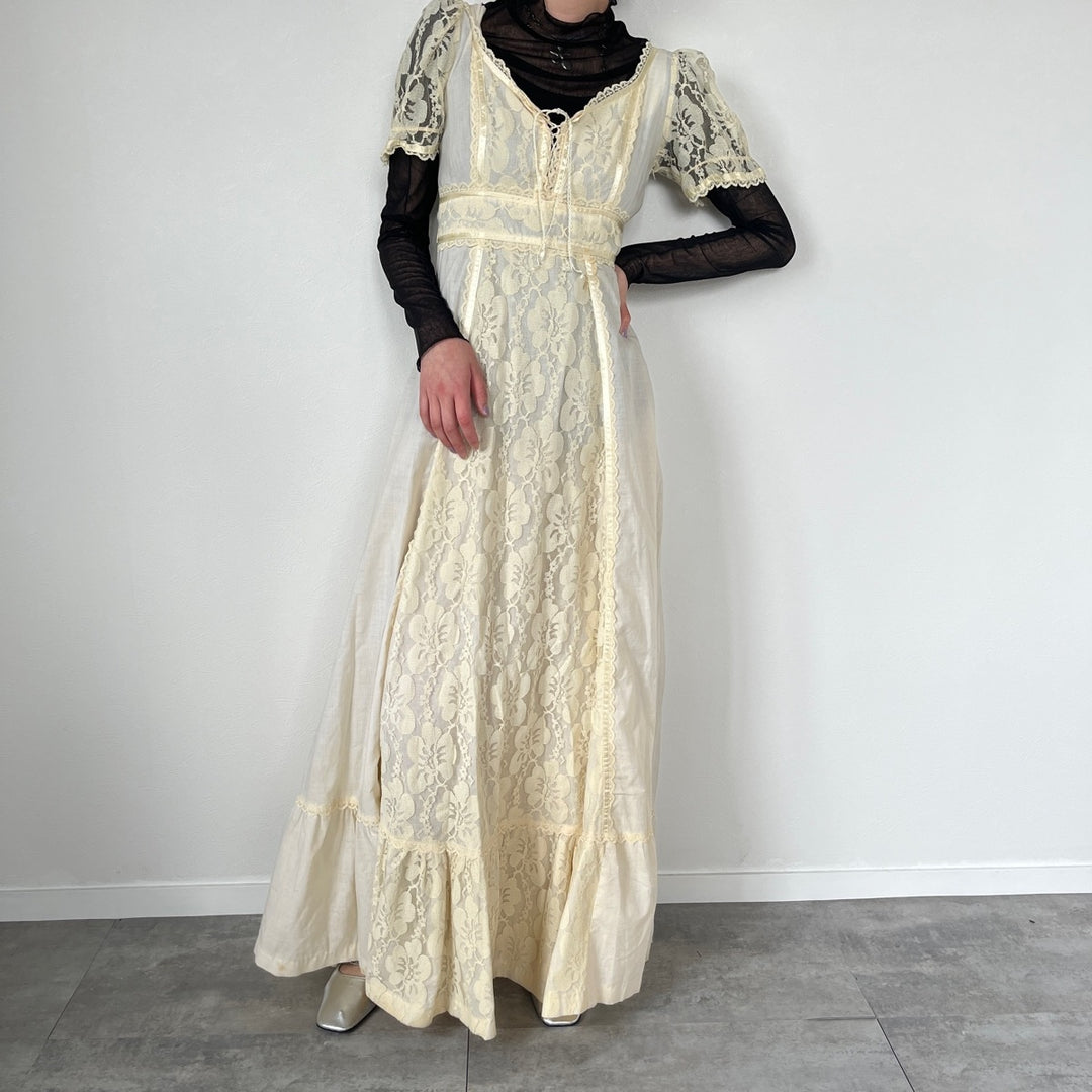 70'S UNKNOWN Maxi length short sleeve flare dress for women M /evb005384