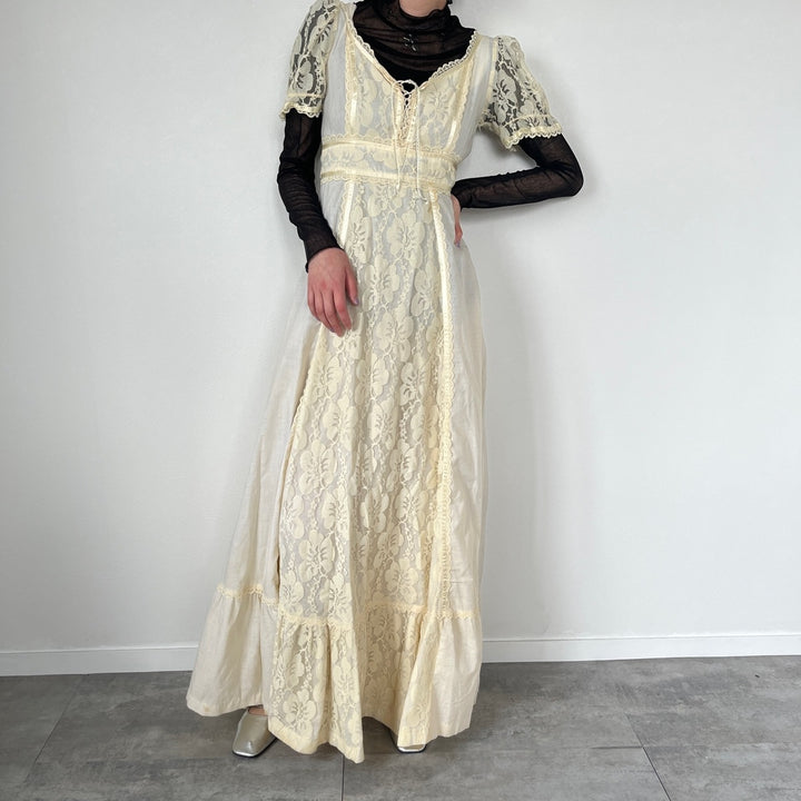 70'S UNKNOWN Maxi length short sleeve flare dress for women M /evb005384