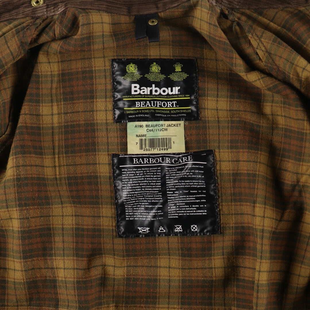 90'S Barbour Beaufort Old 3 Warrant Oiled Hunting Jacket Made in England C44 Men's L Size Vintage /evb005413