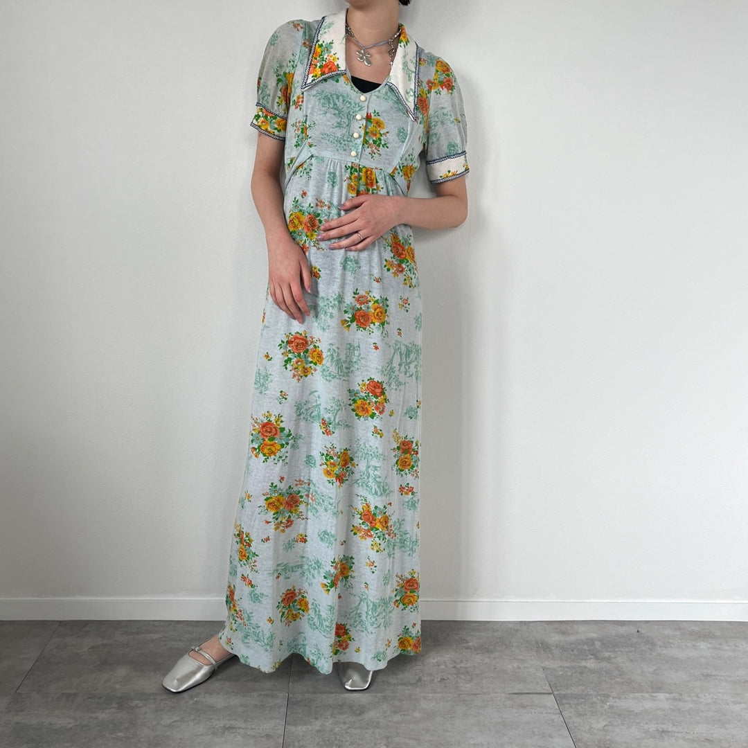 70'S UNKNOWN Floral Print Maxi Length Short Sleeve Flared Dress Women's L Vintage /evb005501