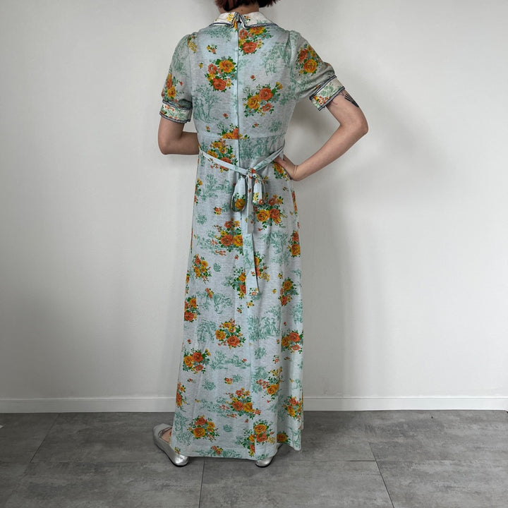 70'S UNKNOWN Floral Print Maxi Length Short Sleeve Flared Dress Women's L Vintage /evb005501