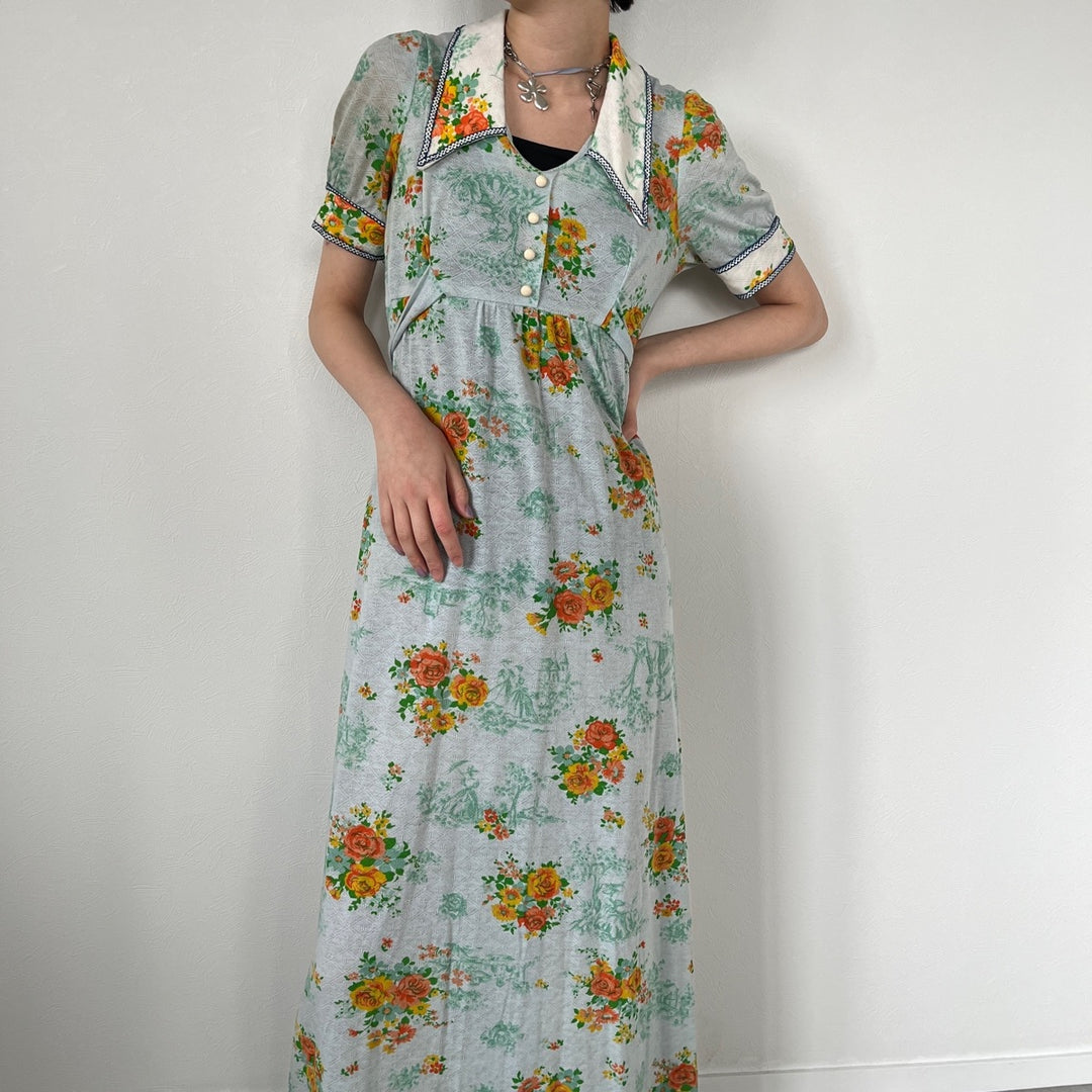 70'S UNKNOWN Floral Print Maxi Length Short Sleeve Flared Dress Women's L Vintage /evb005501