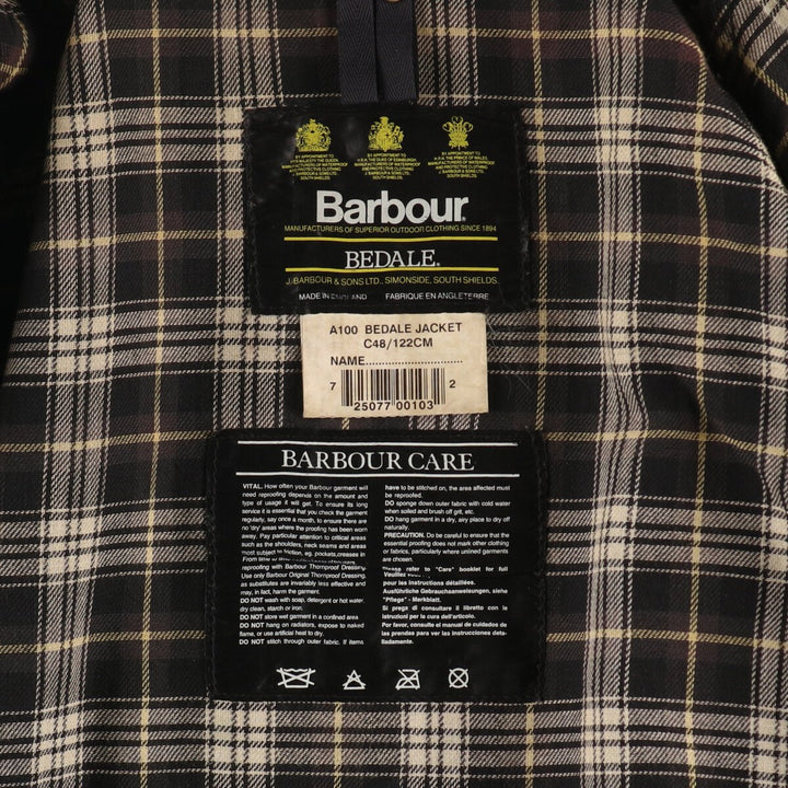 90'S Barbour BEDALE 3 Warrant Waxed Cotton Oiled Jacket Made in England C48 Men's XL /evb007246