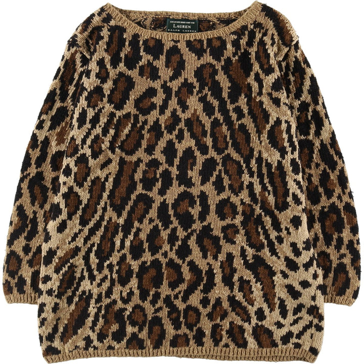 90'S Ralph Lauren Leopard Pattern 3/4 Sleeve Linen x Cotton Knit Sweater Women's M Size Vintage /evb007712