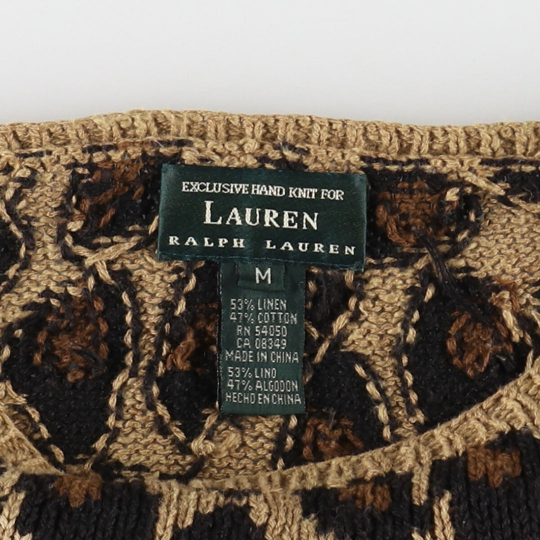 90'S Ralph Lauren Leopard Pattern 3/4 Sleeve Linen x Cotton Knit Sweater Women's M Size Vintage /evb007712