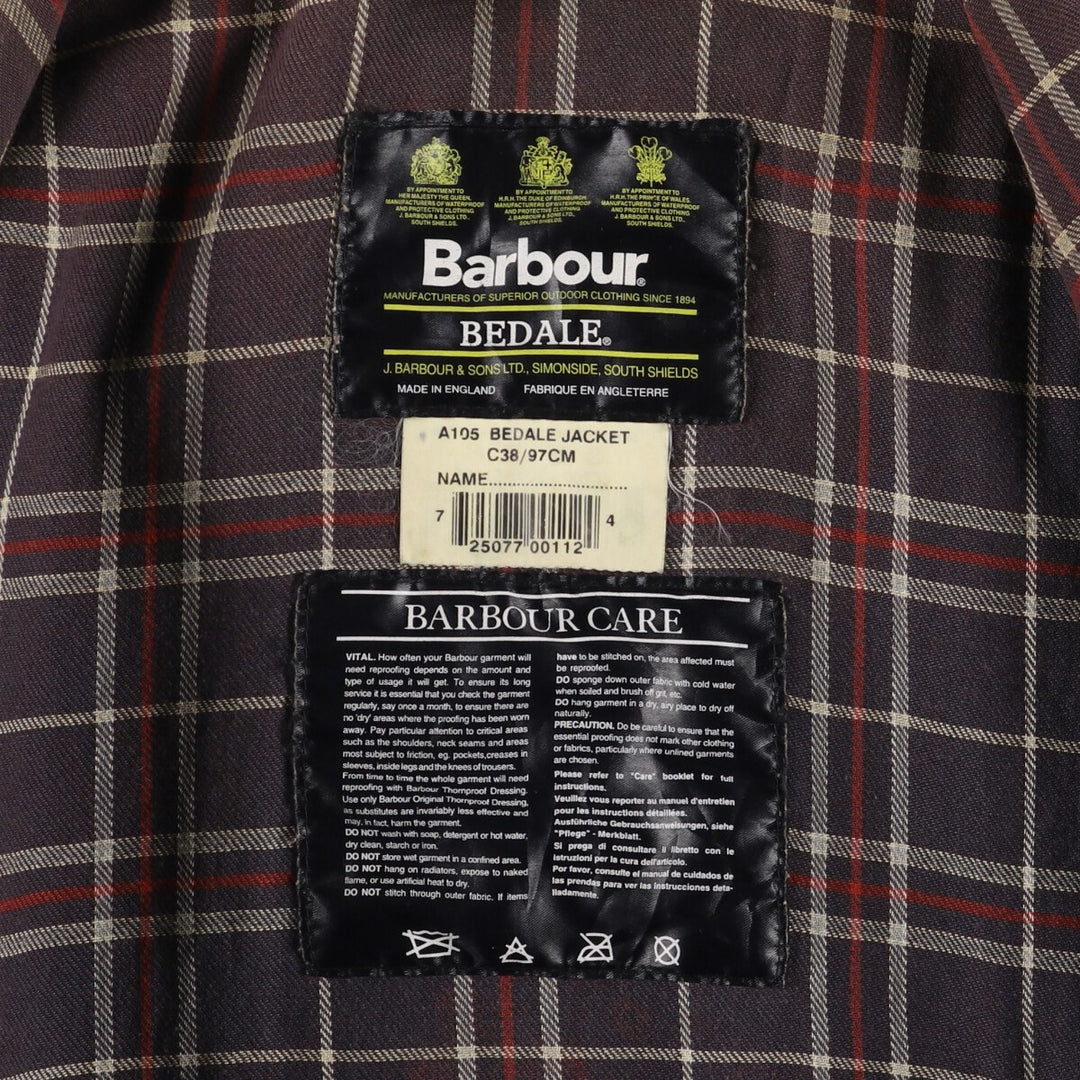 90'S Barbour BEDALE 3 Warrant waxed cotton oiled jacket made in England C38 men's M equivalent /evb007737