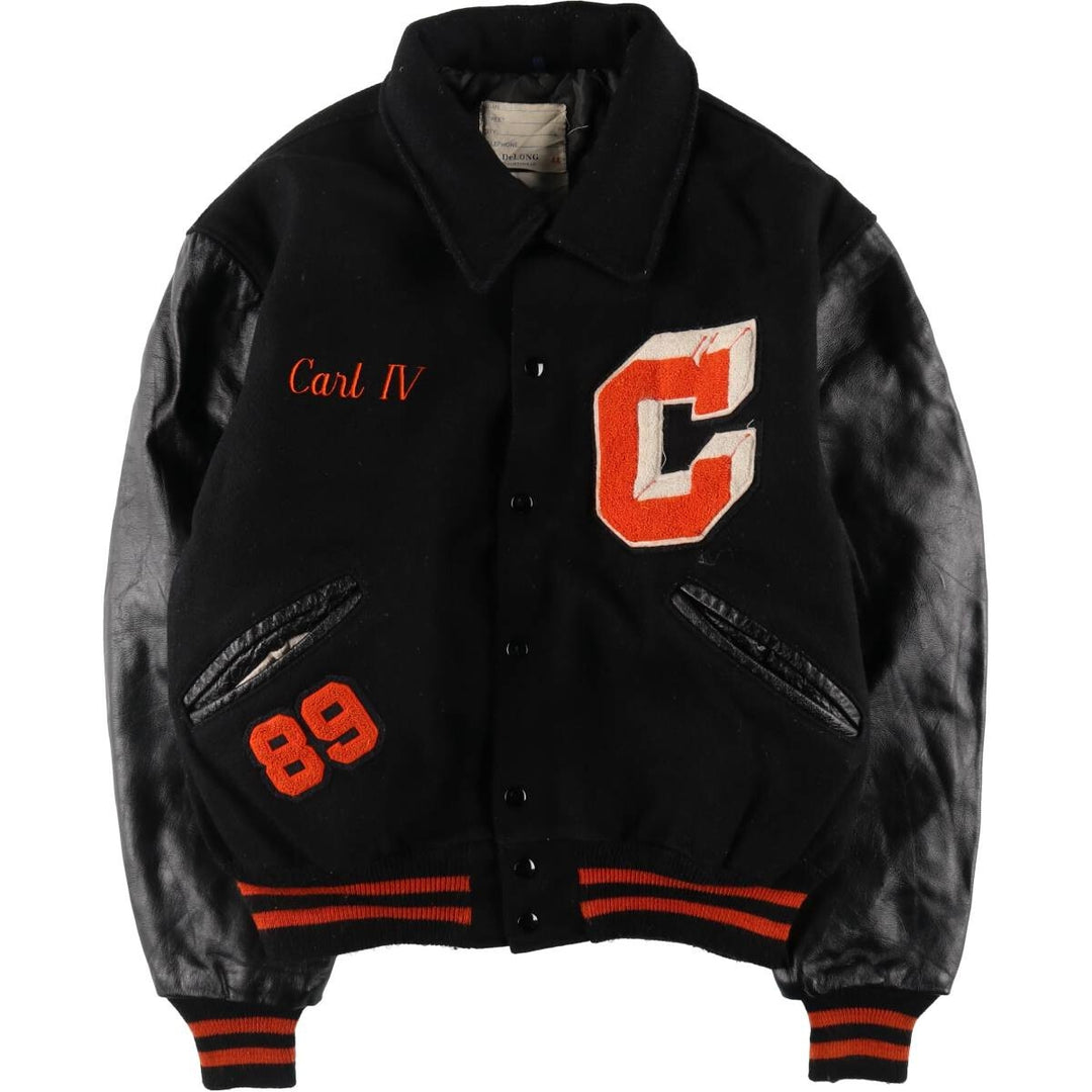 80'S DeLong Collared Sleeve Leather Wool Varsity Jacket Award Jacket Varsity Jacket Made in USA Men's L Size Vintage /evb008142