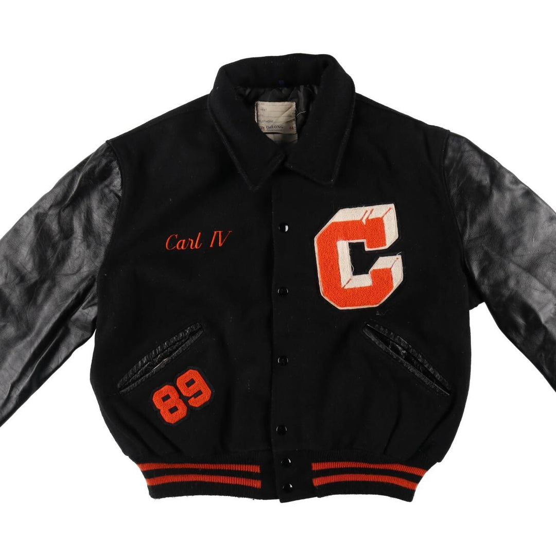 80'S DeLong Collared Sleeve Leather Wool Varsity Jacket Award Jacket Varsity Jacket Made in USA Men's L Size Vintage /evb008142