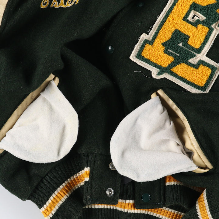 70s~80'S Leather Sleeve Wool Button Varsity Jacket Made in USA Men's L Size Vintage /evb008250