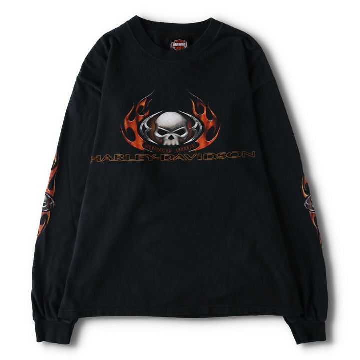 00'S Harley Davidson HANES Skull Pattern Fire Pattern Long T-shirt Made in USA Men's L size cotton black type Vintage Second Hand