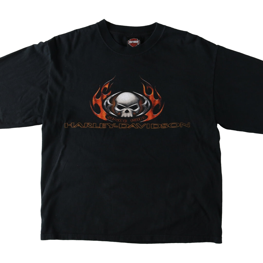 00'S Harley Davidson HANES Skull Pattern Fire Pattern Long T-shirt Made in USA Men's L size cotton black type Vintage Second Hand