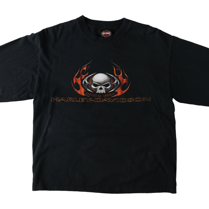 00'S Harley Davidson HANES Skull Pattern Fire Pattern Long T-shirt Made in USA Men's L size cotton black type Vintage Second Hand