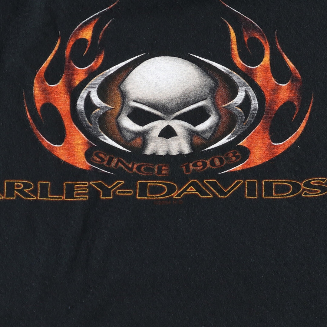00'S Harley Davidson HANES Skull Pattern Fire Pattern Long T-shirt Made in USA Men's L size cotton black type Vintage Second Hand
