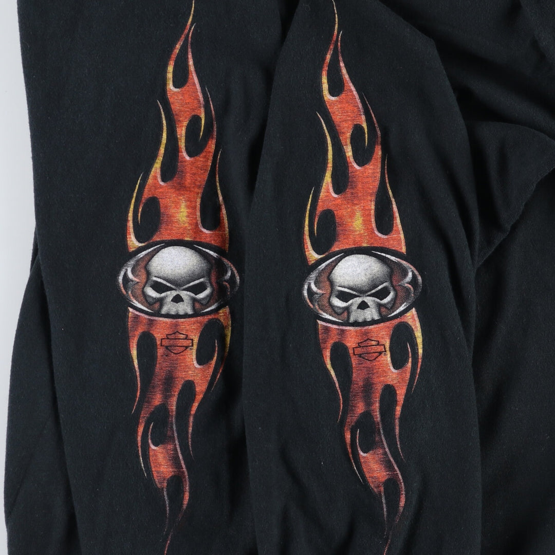 00'S Harley Davidson HANES Skull Pattern Fire Pattern Long T-shirt Made in USA Men's L size cotton black type Vintage Second Hand