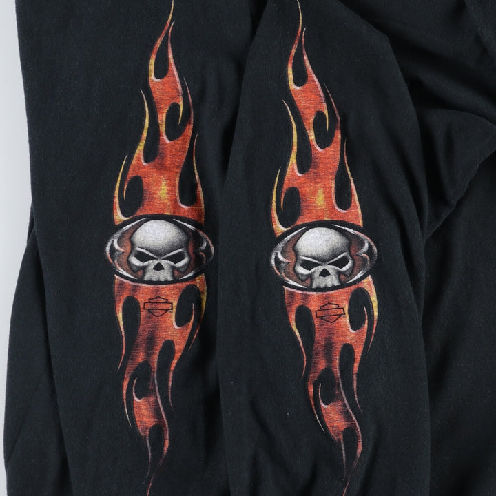00'S Harley Davidson HANES Skull Pattern Fire Pattern Long T-shirt Made in USA Men's L size cotton black type Vintage Second Hand