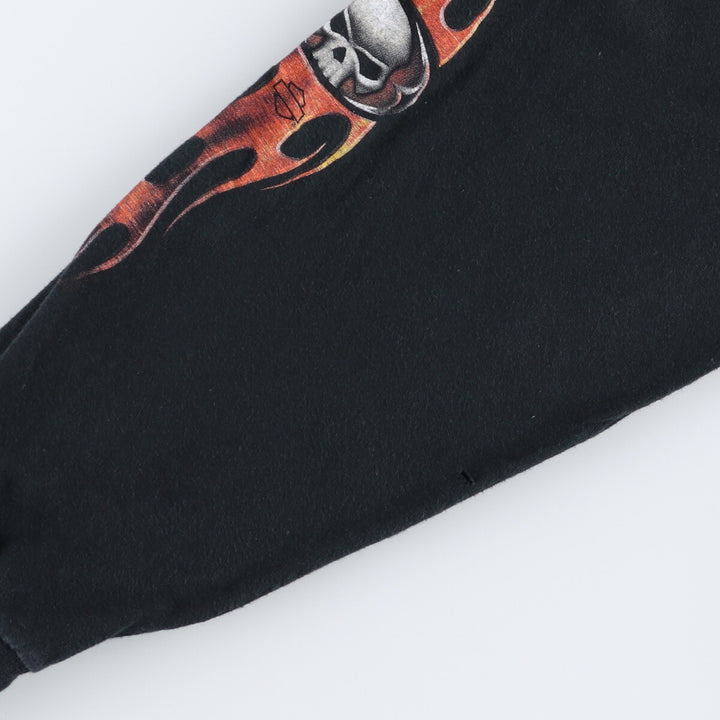 00'S Harley Davidson HANES Skull Pattern Fire Pattern Long T-shirt Made in USA Men's L size cotton black type Vintage Second Hand
