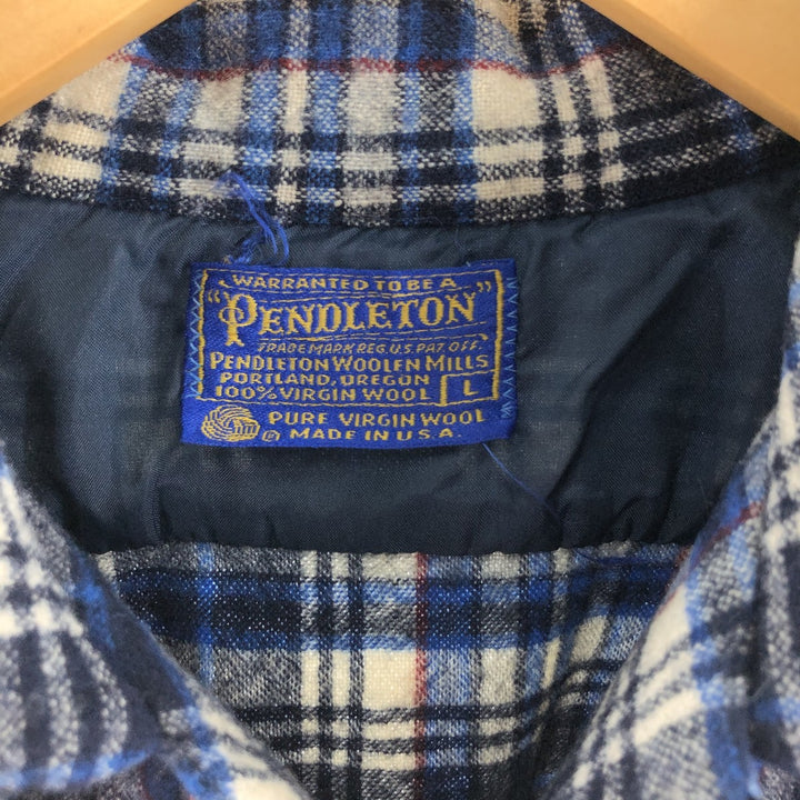 70'S Pendleton Check Pattern Board Shirt, Open Collar, Wool Box Shirt, Made in USA, Men's L Size, Vintage /evb009182