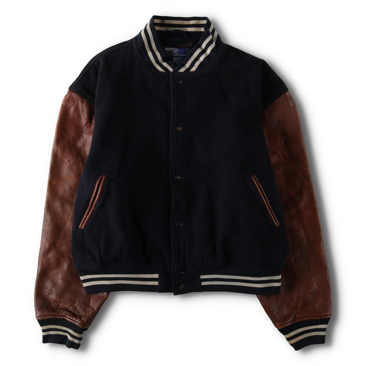90'S POLO by Ralph Lauren Leather Sleeve Wool Stadium Jacket Award Jacket Men's XL /evb009208