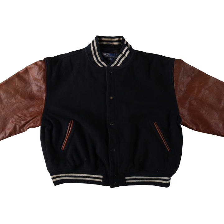 90'S POLO by Ralph Lauren Leather Sleeve Wool Stadium Jacket Award Jacket Men's XL /evb009208