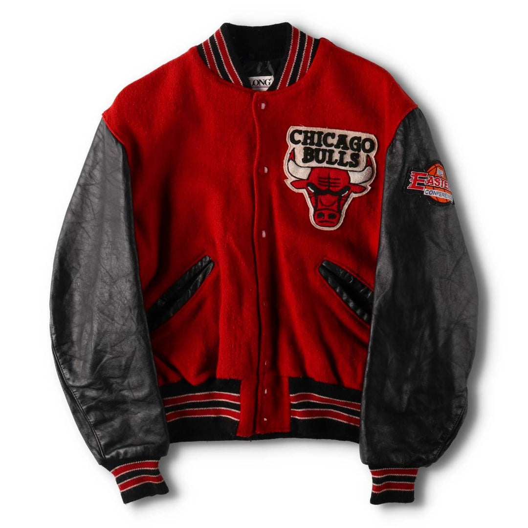 90'S DeLong NBA Chicago Bulls Sleeve Leather Wool Button Varsity Jacket Made in USA Men's L Size Vintage /evb009211