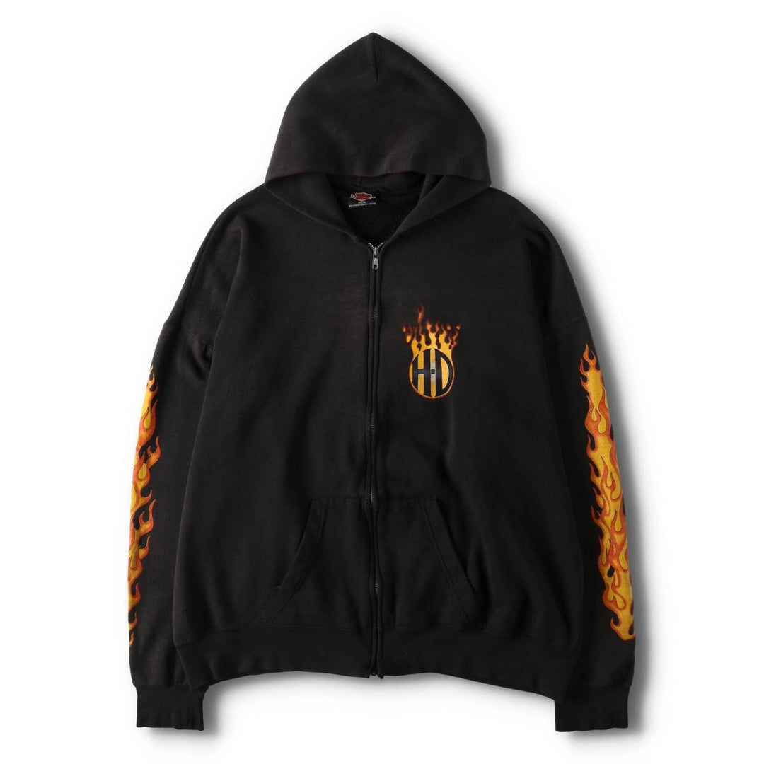 Big size 90'S Harley Davidson fire pattern sweat full zip hoodie made in USA men's XXXL equivalent /evb009370