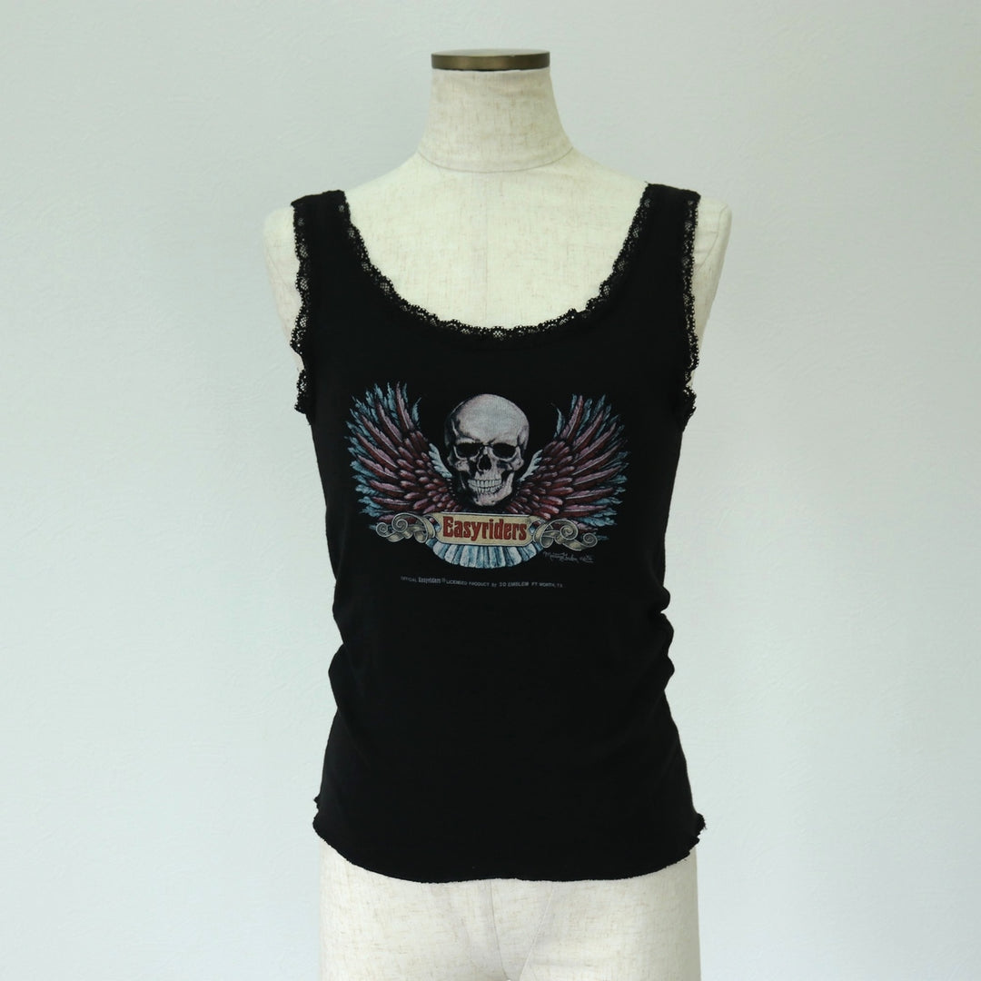 80'S Harley Davidson 3D EMBLEM Skull Pattern Cropped Tank Top Women's Size L Vintage polyester black type Vintage Second Hand