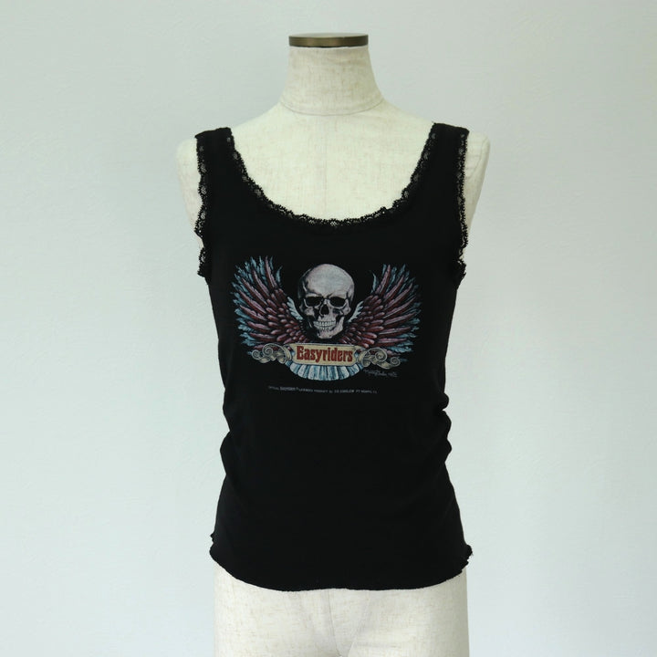 80'S Harley Davidson 3D EMBLEM Skull Pattern Cropped Tank Top Women's Size L Vintage polyester black type Vintage Second Hand