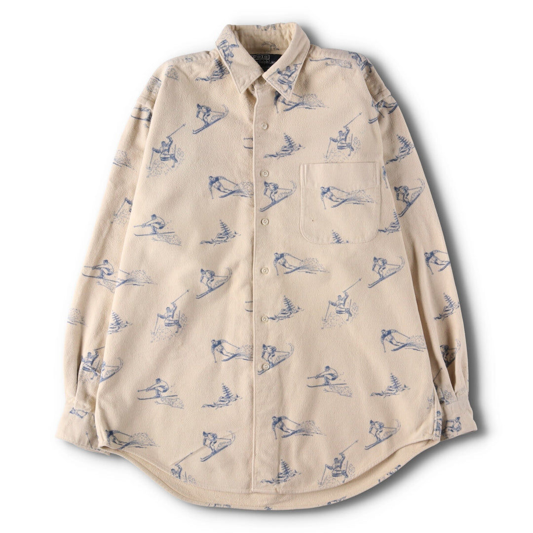 90'S Ralph Lauren MARLOWE all-over ski pattern long sleeve chamois cloth shirt men's size M vintage cotton pale white type Vintage Second Hand