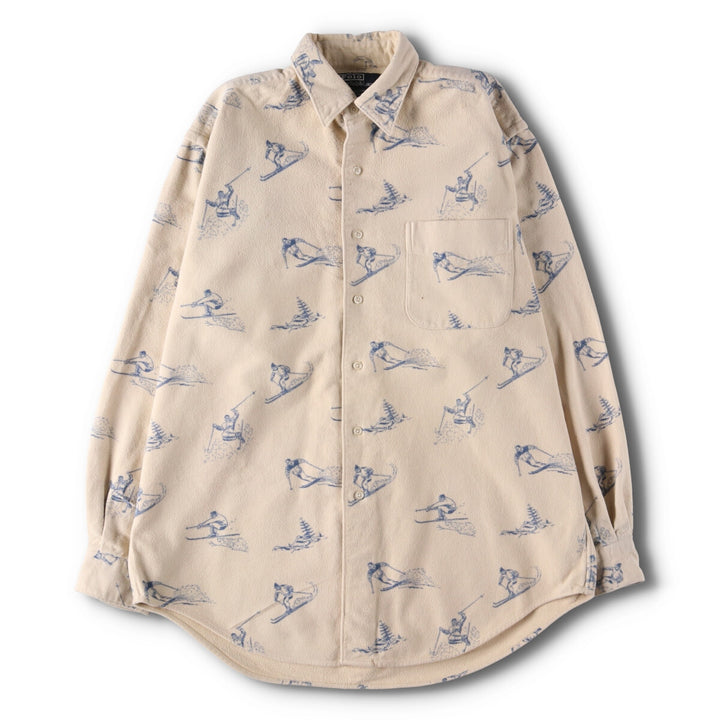 90'S Ralph Lauren MARLOWE all-over ski pattern long sleeve chamois cloth shirt men's size M vintage cotton pale white type Vintage Second Hand