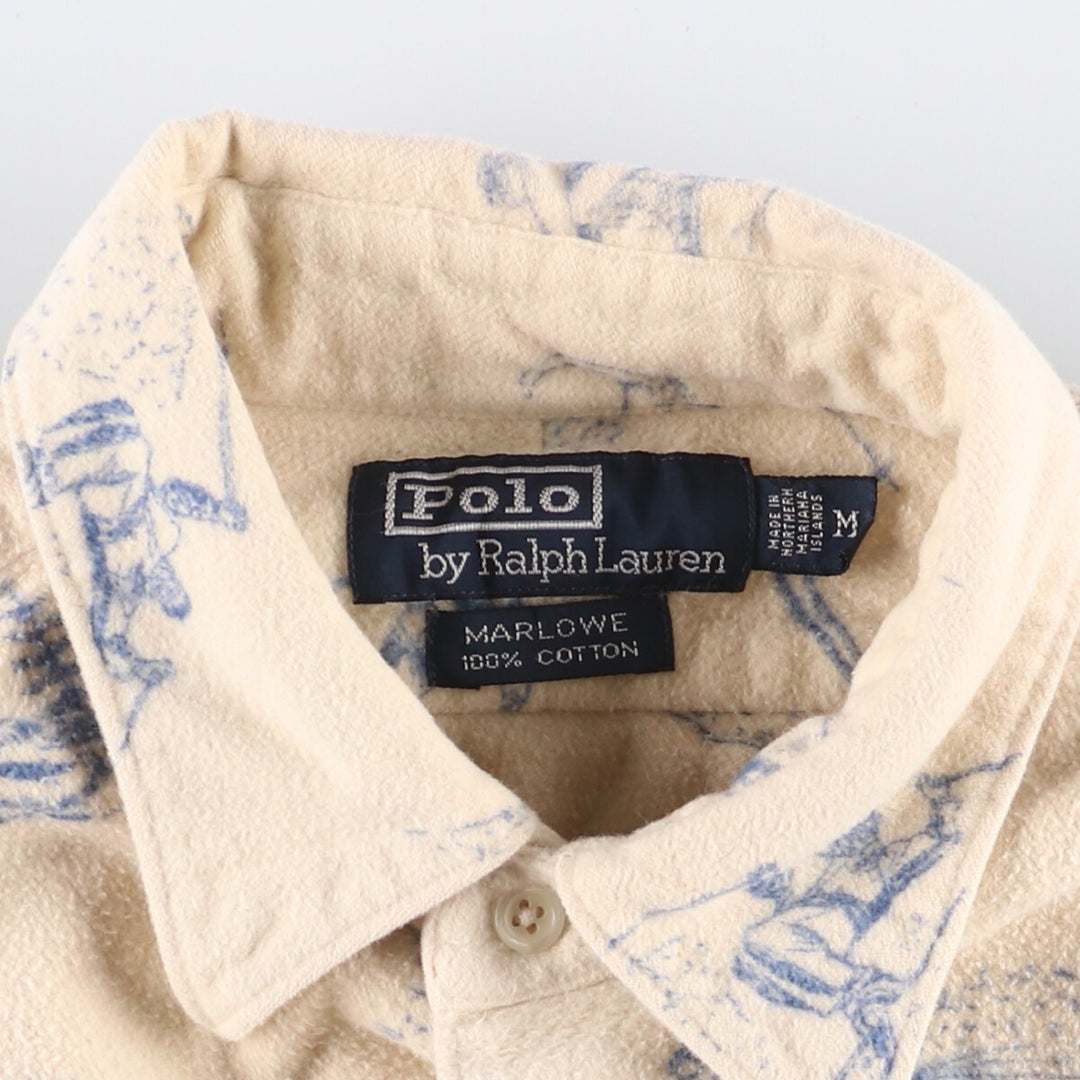 90'S Ralph Lauren MARLOWE all-over ski pattern long sleeve chamois cloth shirt men's size M vintage cotton pale white type Vintage Second Hand