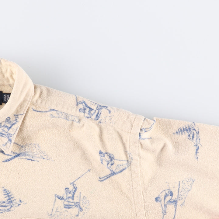 90'S Ralph Lauren MARLOWE all-over ski pattern long sleeve chamois cloth shirt men's size M vintage cotton pale white type Vintage Second Hand