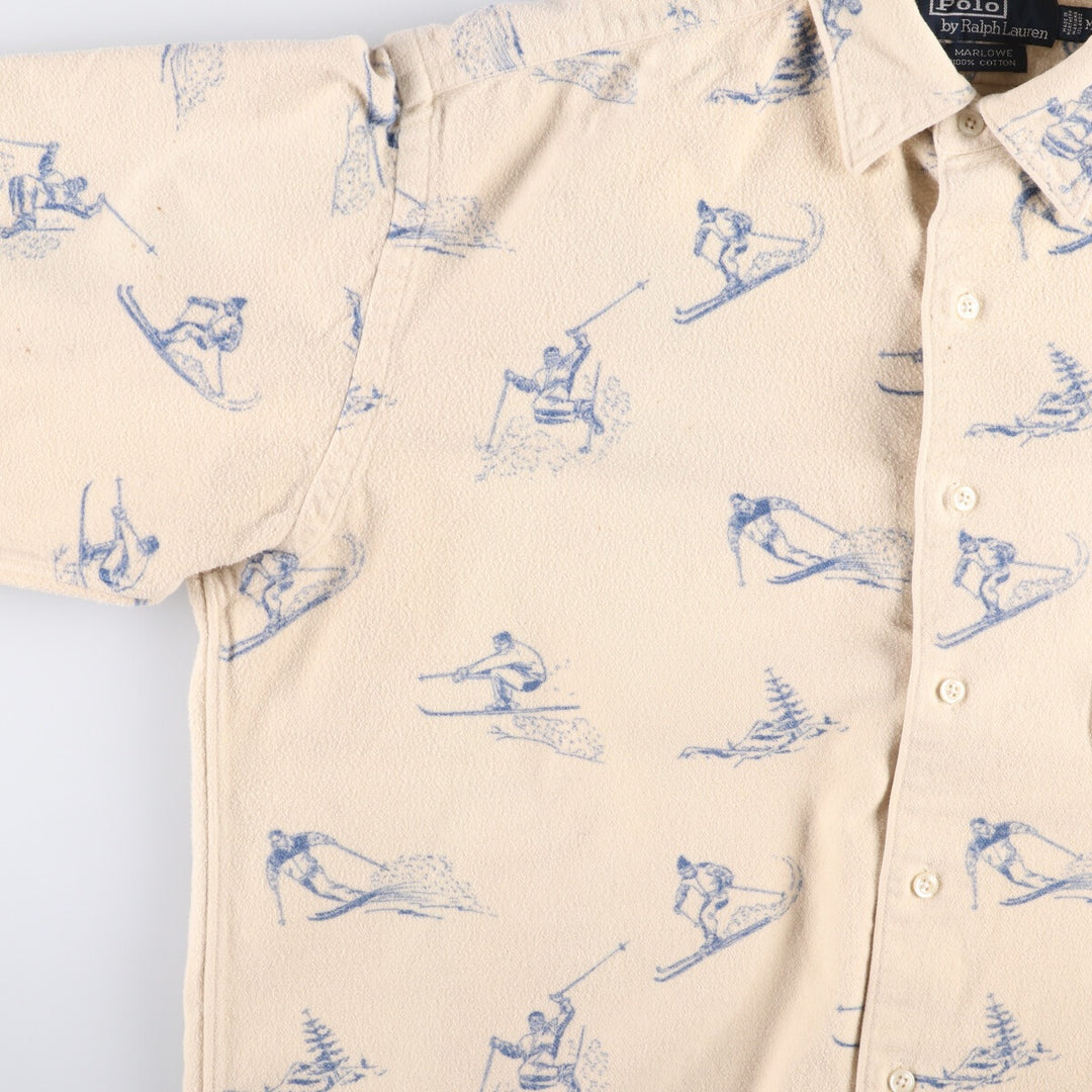 90'S Ralph Lauren MARLOWE all-over ski pattern long sleeve chamois cloth shirt men's size M vintage cotton pale white type Vintage Second Hand