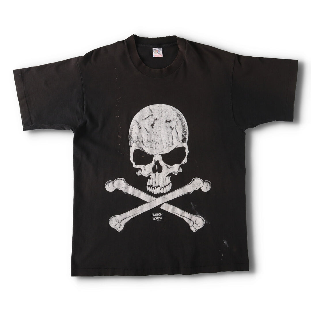 90'S Fruit of the Loom FASHION VICTIM Skull Pattern Print T-shirt Made in USA Men's L Size Vintage cotton black type Vintage Second Hand