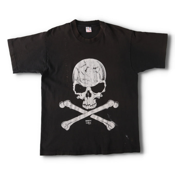 90'S Fruit of the Loom FASHION VICTIM Skull Pattern Print T-shirt Made in USA Men's L Size Vintage cotton black type Vintage Second Hand