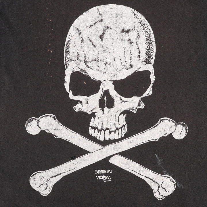 90'S Fruit of the Loom FASHION VICTIM Skull Pattern Print T-shirt Made in USA Men's L Size Vintage cotton black type Vintage Second Hand