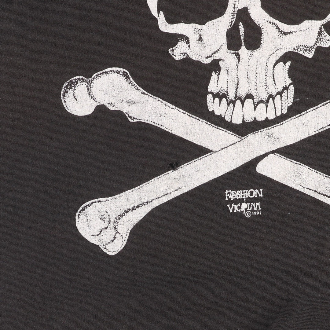 90'S Fruit of the Loom FASHION VICTIM Skull Pattern Print T-shirt Made in USA Men's L Size Vintage cotton black type Vintage Second Hand