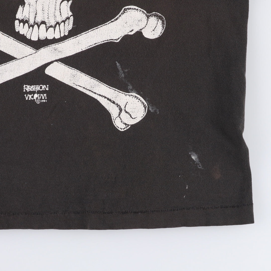 90'S Fruit of the Loom FASHION VICTIM Skull Pattern Print T-shirt Made in USA Men's L Size Vintage cotton black type Vintage Second Hand