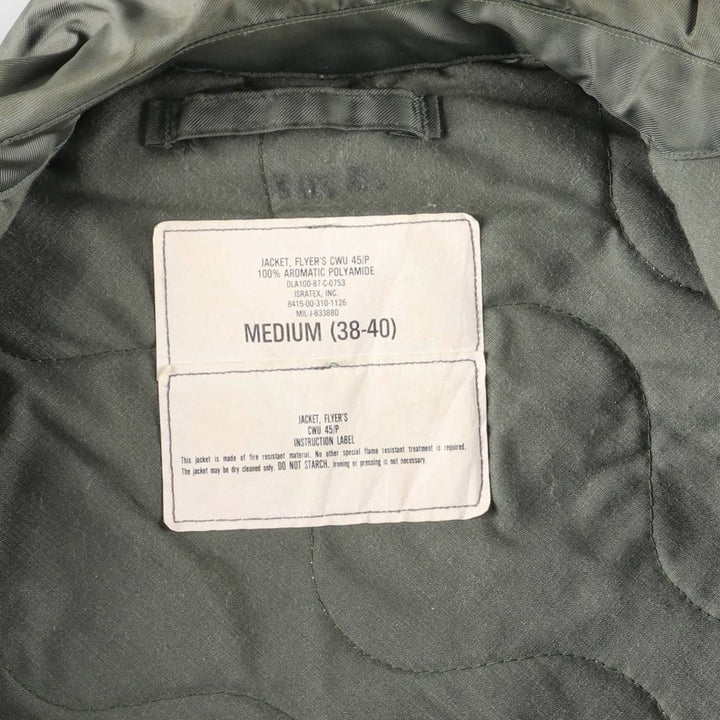 1980'S US Military Issue CWU-45P Military Flight Jacket, Made in USA, Medium (Men's M equivalent) Aromatic polyamide Khaki type sage green Vintage Second Hand