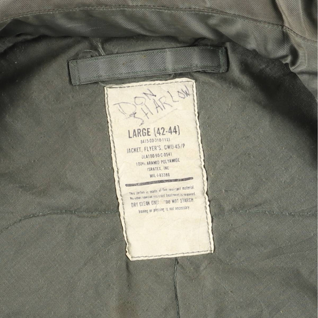 1990'S US Military Issue CWU-45P Military Flight Jacket, Made in USA, Men's Size L (approx.) Aromatic polyamide Khaki type sage green Vintage Second Hand