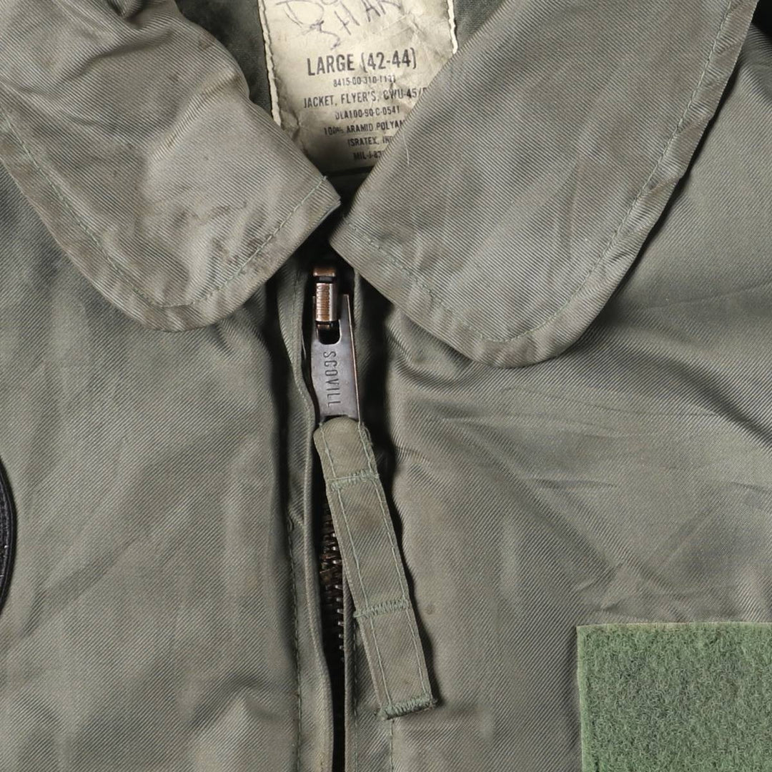 1990'S US Military Issue CWU-45P Military Flight Jacket, Made in USA, Men's Size L (approx.) Aromatic polyamide Khaki type sage green Vintage Second Hand