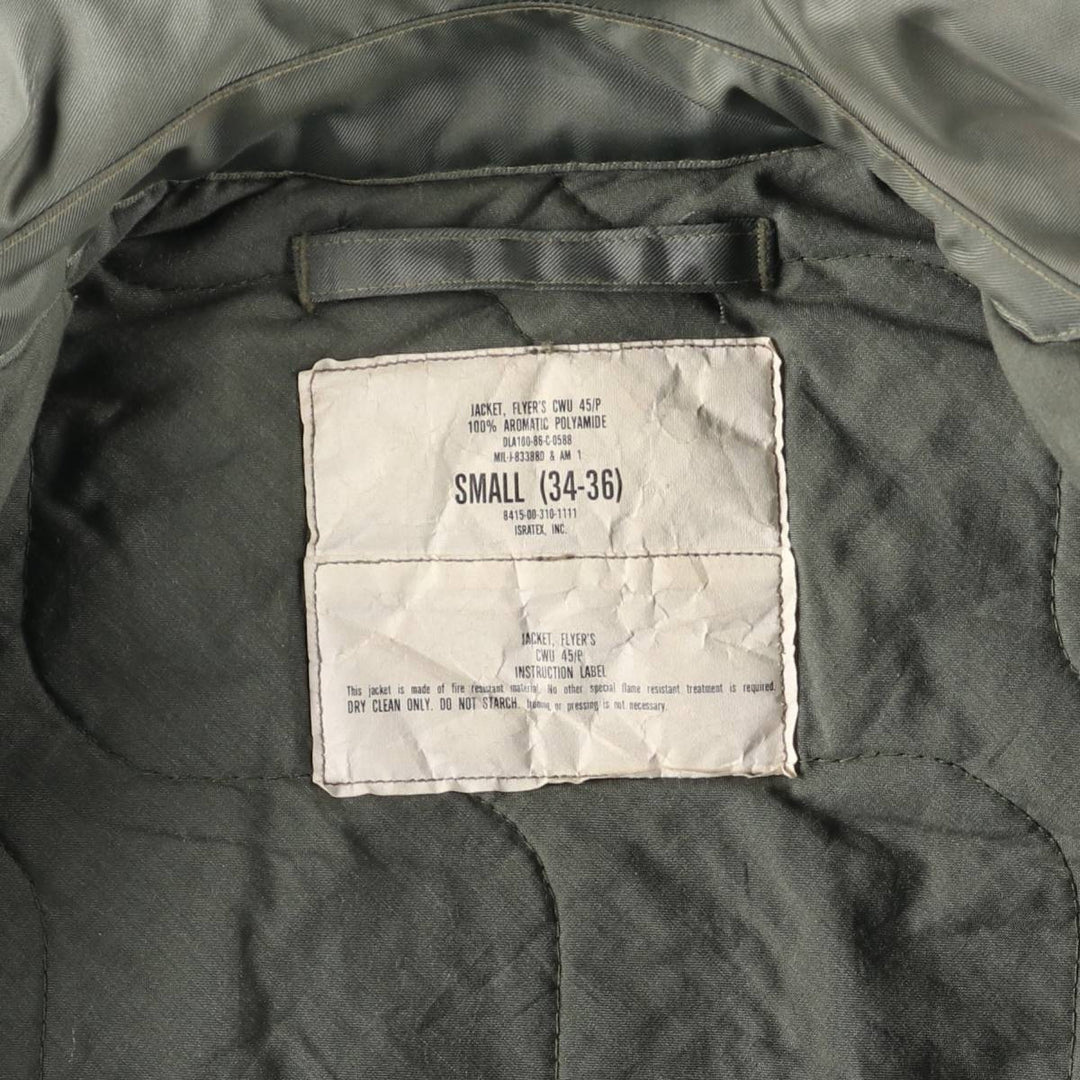1980'S US Military Issue, Padded CWU 45 Jacket with Badge Aromatic polyamide Khaki type sage green Vintage Second Hand